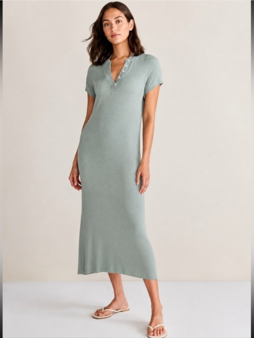 Varley Aria Midi Sage Green Ribbed Cotton Henley Short Sleeve